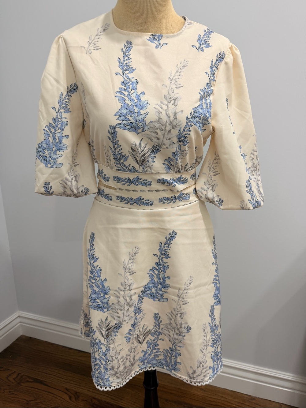 Cream & Blue Floral Puff-Sleeve Dress